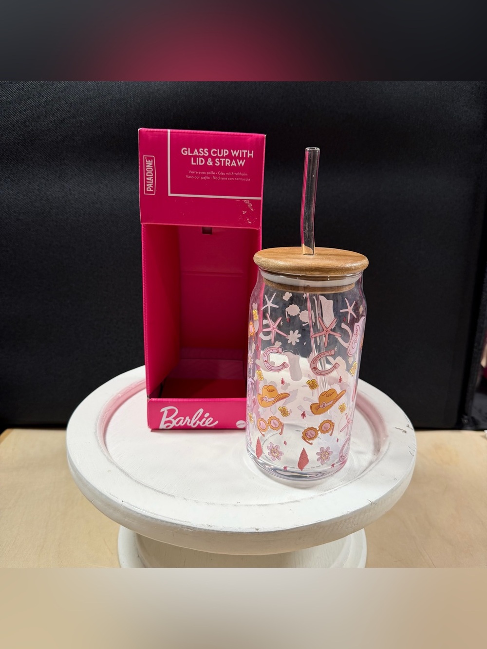 Paladone Barbie Glass Cup W/Cowgirl Theme 16oz Bamboo Lid & Straw NIB
